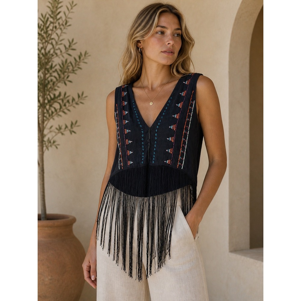 Idyllwind Womens Beaded Fringe Crop Top Black V-Neck Sleeveless Modal Cotton M